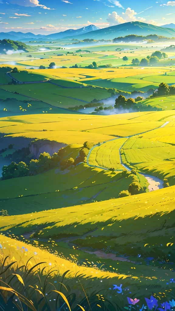 In the quiet countryside,The sun gently caresses the green grass,The mountains in the distance are lightly surrounded by mist。Golden wheat fields sway in the wind,The smoke from the farmhouse contrasts beautifully with the blue sky and white clouds。By the creek,Wildflowers,Butterflies flying,The bees are busy。The farmer's face is filled with satisfaction,Children laughing in the fields。Under the sunset,The countryside is dyed golden,Farmhouse lights gradually brighten,The warmth of home spreads across this land