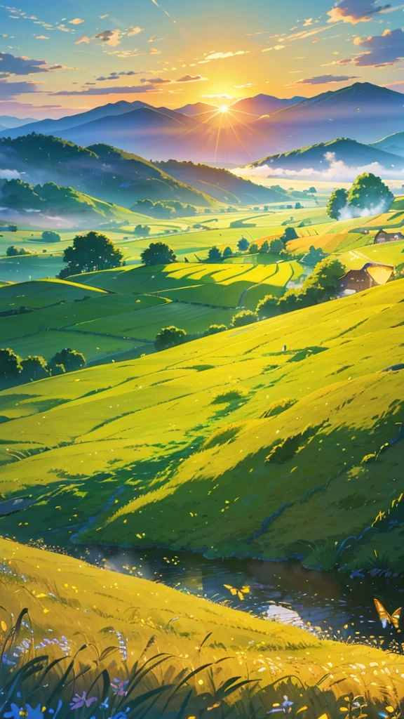 In the quiet countryside,The sun gently caresses the green grass,The mountains in the distance are lightly surrounded by mist。Golden wheat fields sway in the wind,The smoke from the farmhouse contrasts beautifully with the blue sky and white clouds。By the creek,Wildflowers,Butterflies flying,The bees are busy。The farmer's face is filled with satisfaction,Children laughing in the fields。Under the sunset,The countryside is dyed golden,Farmhouse lights gradually brighten,The warmth of home spreads across this land