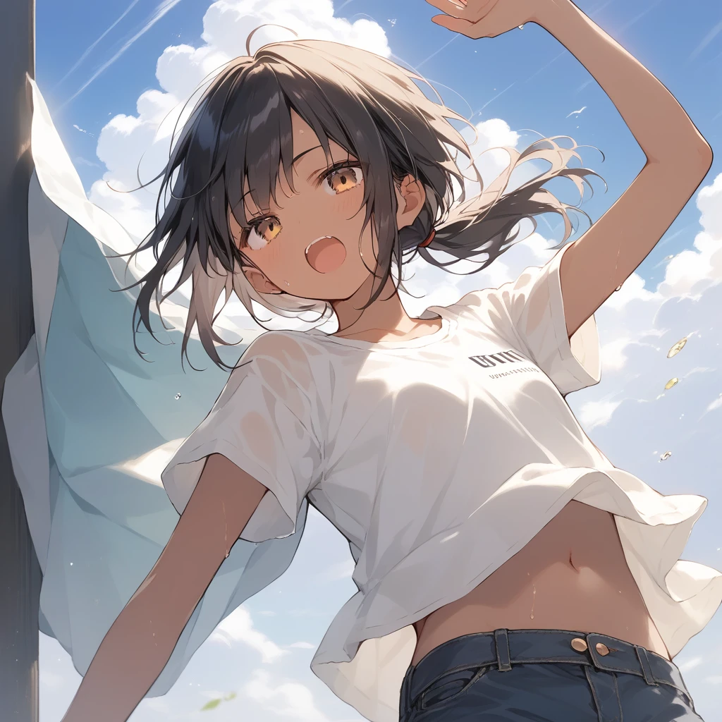 score_9, score_8_up, score_7_up, source_anime, best quality, masterpiece, official art, absurdres, highres, ultra-detailed,waifu2x,Collection: Slice of Life,break,1girl, tomboy, dark-skinned female, short hair, low ponytail, flat chest, beautiful detailed eyes, short shorts, sweat, open mouth, (yawn:0.3), sleepily, outdoors, wind, break,(clear line illustration:1.2),very high resolution, very aesthetic, super detailed skin, Best sexual lighting powered by famous artist, 8k,cute picture,beauty illustration,photoshop_(medium),,(Detailed Lighting),best anime 8k konachan wallpaper, pixiv contest winner,