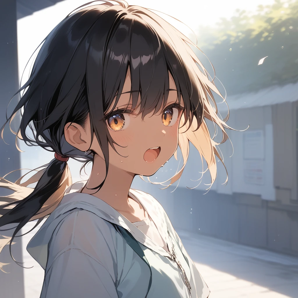 score_9, score_8_up, score_7_up, source_anime, best quality, masterpiece, official art, absurdres, highres, ultra-detailed,waifu2x,Collection: Slice of Life,break,1girl, tomboy, dark-skinned female, short hair, low ponytail, flat ?????, beautiful detailed eyes, short shorts, sweat, open mouth, (yawn:0.3), sleepily, outdoors, wind, break,(clear line illustration:1.2),very high resolution, very aesthetic, super detailed skin, Best ?????? lighting powered by famous artist, 8k,cute picture,beauty illustration,photoshop_(medium),,(Detailed Lighting),best anime 8k konachan wallpaper, pixiv contest winner, 