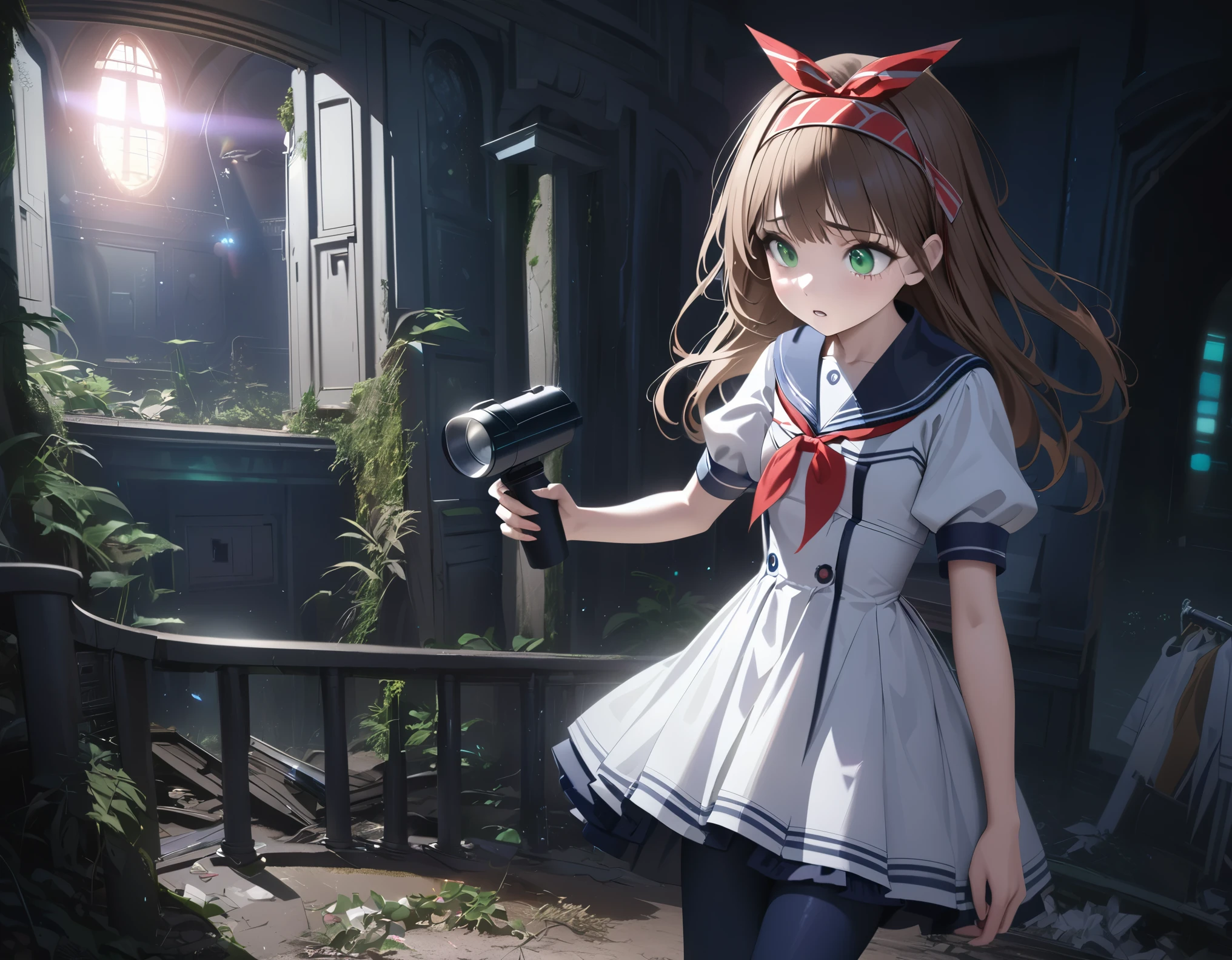 (best quality,4k,highres),ultra-detailed,realistic,portraits, Japaneese school girl, looks scared, green eyes, long brown hair,anime style,futuristic, Frutiger Aero aesthetic, eco- modernism, bokeh, ribbon headband,small breast,futuristic sailor ta dress,puffy sleeves,white and blue,colorful lighting, red ribbon, navy blue pantyhose,sport shoes, holding a flashlight, walking alone in a abandoned haunted mansion with ghost, at night, low lighting, darkness, highly detailed, 4K.