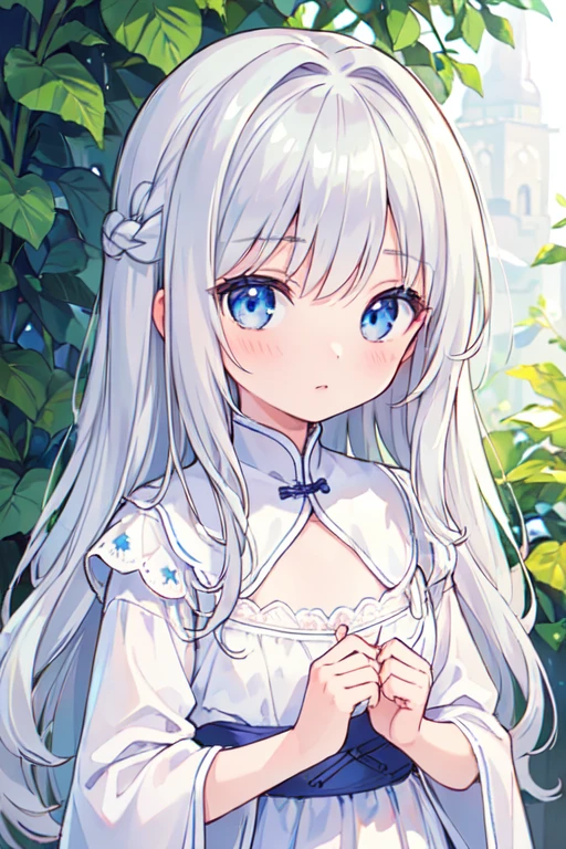 (best quality, masterpiece:1.2), ultra detailed, extremely detailed eyes and face, natural skin texture, detailed skin, natural lighting,
chibi, 1 girl, 12-years-old, (cute),
silver hair, middle hair, straight hair, shiny hair,
blue eyes,
flat chest,
china dress,
upper body,