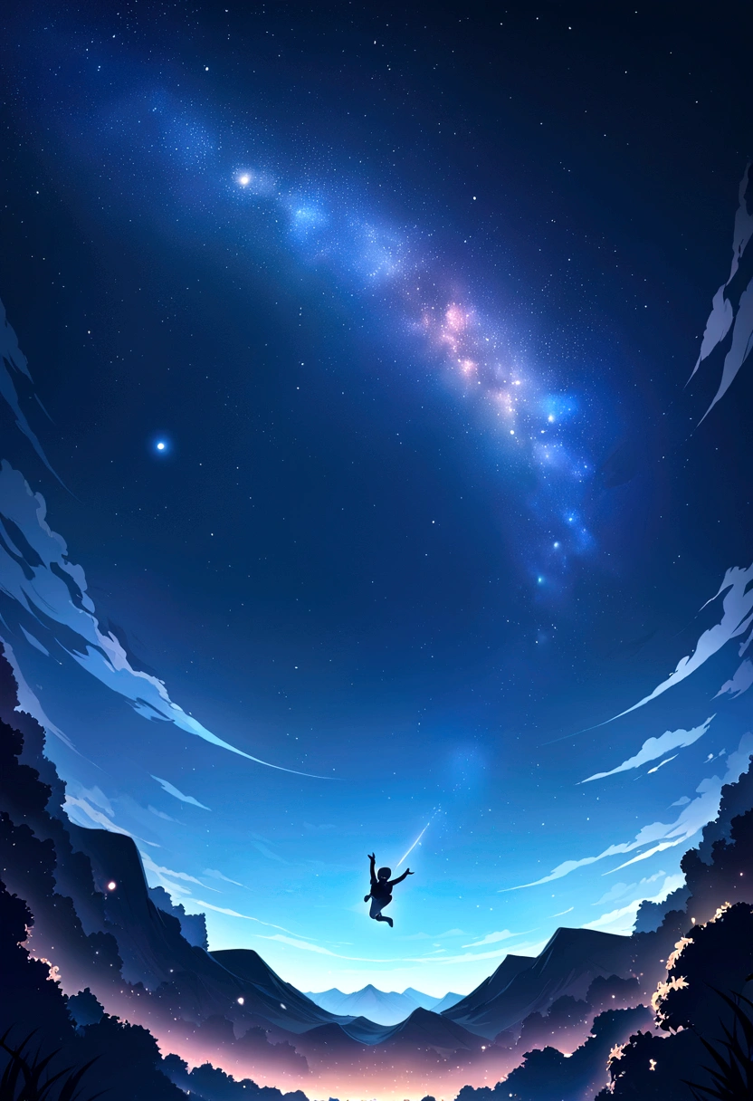 A scene of skydiving naked through a beautiful starry night sky,anime art wallpaper 4k, anime art wallpaper 4k, Anime Art Wallpapers 8K, anime wallpaper 4k, anime wallpaper 4k, 4k anime wallpaper,Man flying in the night sky、The night view below