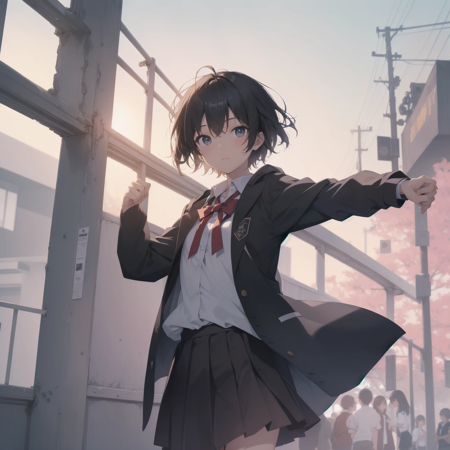 ultra-absurdres-Top quality by artist God, ultra-detailed, high resolution, anime moe artstyle, best anime 8k konachan wallpaper, pixiv contest winner, pool:2810, perfect anatomy,break, 1girl, (Please draw a girl walking sleepily to school alone. )break,(Solo,little female, 13-year-old:1.3),Full limbs, complete fingers,a junior high school student, (very short hair), short cut, flat chest, , small butt, small black eyes, beautiful detailed eyes, well-proportioned iris and pupils, expressive eyes, highres detailed hair, soft expression, salor school_uniform, sailor collar, serahuku, bow, pleated skirt,(Detailed Lighting), (Detailed background), in the School commute route. break,super detailed skin, Best cinematic lighting powered by famous artist, 8k,beauty illustration,photoshop_(medium),very aesthetic,break,((artist:null_(nyanpyoun) )), artist:clamp ,artist:carnelian ,artist:kantoku ,