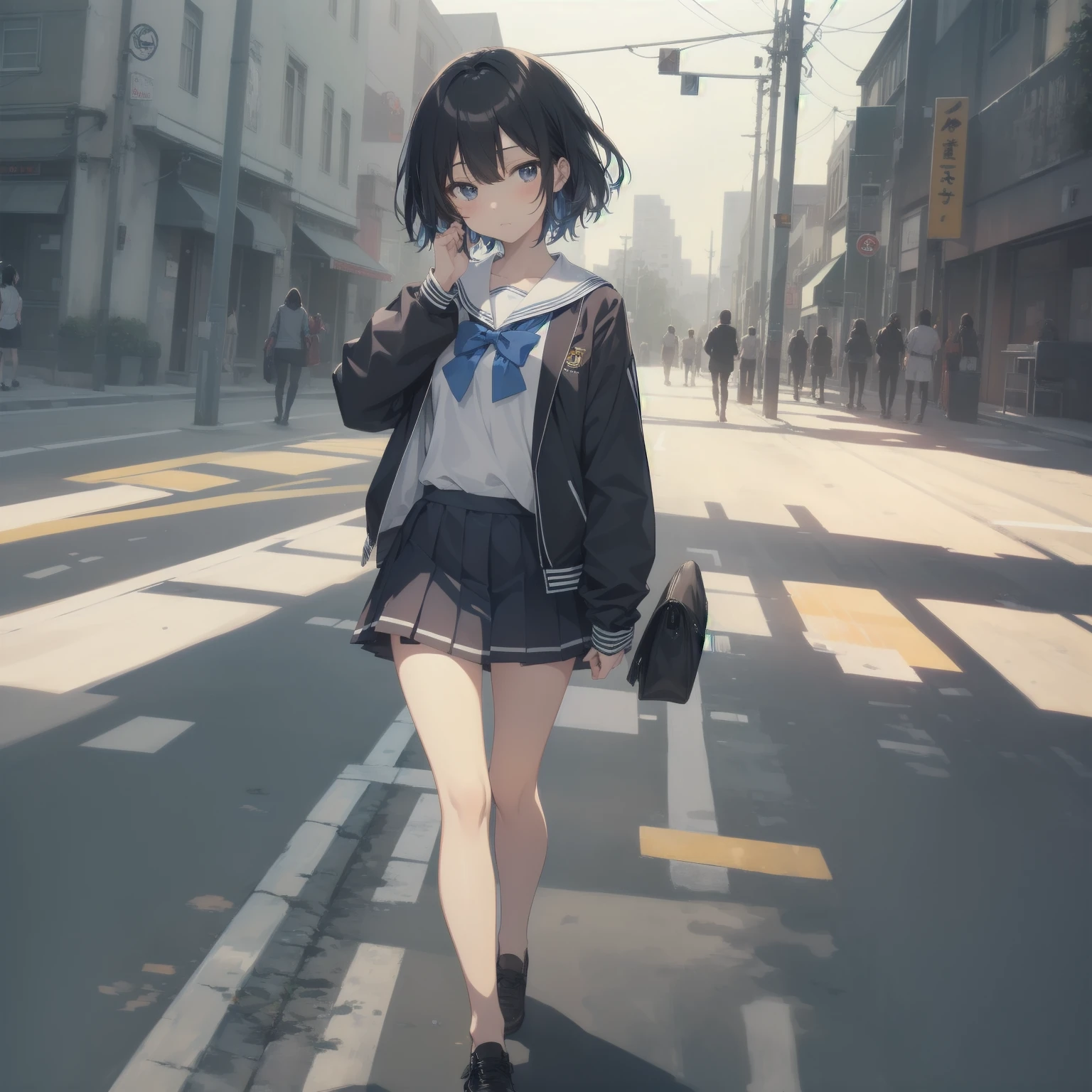 ultra-absurdres-Top quality by artist God, ultra-detailed, high resolution, anime moe artstyle, best anime 8k konachan wallpaper, pixiv contest winner, pool:2810, perfect anatomy,break, 1girl, (Please draw a girl walking sleepily to school alone. )break,(Solo,little female, 13-year-old:1.3),Full limbs, complete fingers,a junior high school student, (very short hair), short cut, flat chest, , small butt, small black eyes, beautiful detailed eyes, well-proportioned iris and pupils, expressive eyes, highres detailed hair, soft expression, salor school_uniform, sailor collar, serahuku, bow, pleated skirt,(Detailed Lighting), (Detailed background), in the School commute route. break,super detailed skin, Best cinematic lighting powered by famous artist, 8k,beauty illustration,photoshop_(medium),very aesthetic,break,((artist:null_(nyanpyoun) )), artist:clamp ,artist:carnelian ,artist:kantoku ,