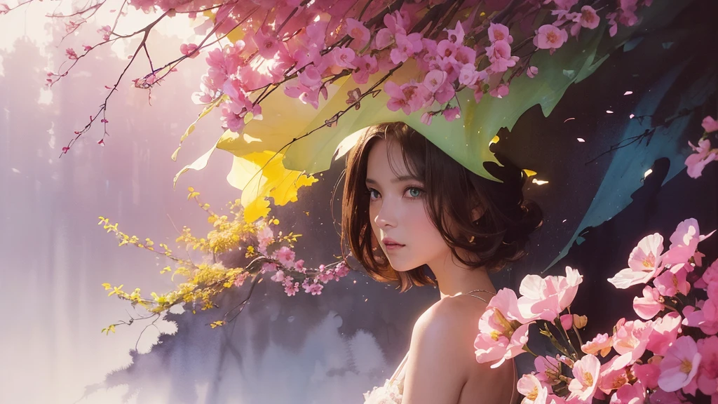 32k, Masterpiece, Highest quality, One girl, Brown Hair, Detailed eyes, flower,sweet pea, Pink and yellow style,A dreamy, romantic piece,Pale pink, Mysterious Leaves,A playful arrangement,Fantasy,High Contrast,Ink strokes,explosion,Exposure, Impression of pink and yellow tones,Abstract,((Watercolours by John Berkey and Jeremy Mann )) Brush strokes,Negative Space, Tyndall effect, White background