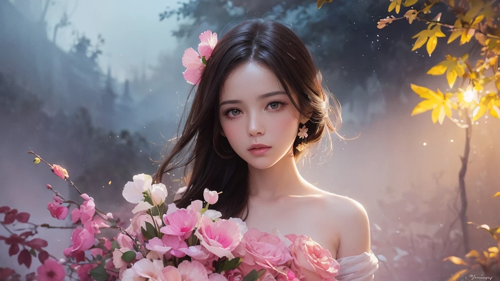 32k, Masterpiece, Highest quality, One girl, Brown Hair, Detailed eyes, flower,sweet pea, Pink and yellow style,A dreamy, romantic piece,Pale pink, Mysterious Leaves,A playful arrangement,Fantasy,High Contrast,Ink strokes,explosion,Exposure, Impression of pink and yellow tones,Abstract,((Watercolours by John Berkey and Jeremy Mann )) Brush strokes,Negative Space, Tyndall effect, White background