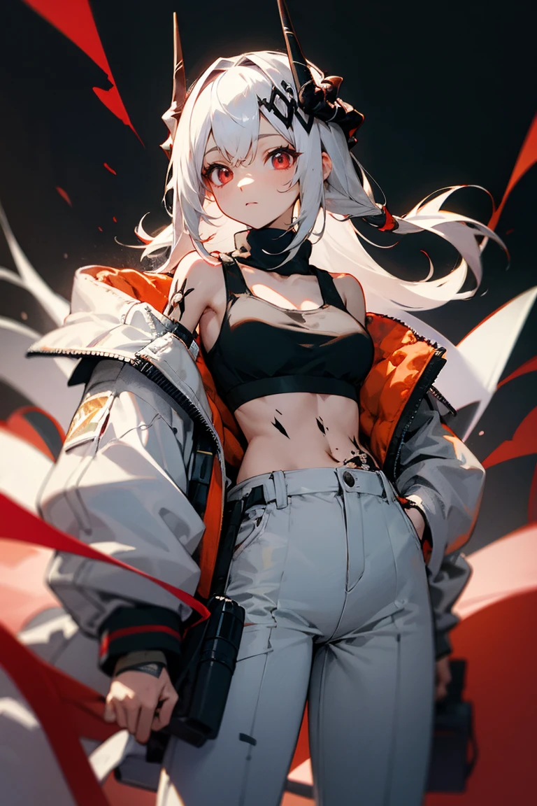  mudrock  1girl solo red eyes white hair horns long hair tattoo sports bra white jacket jacket open jacket white pants infection monitor \(arknights\),