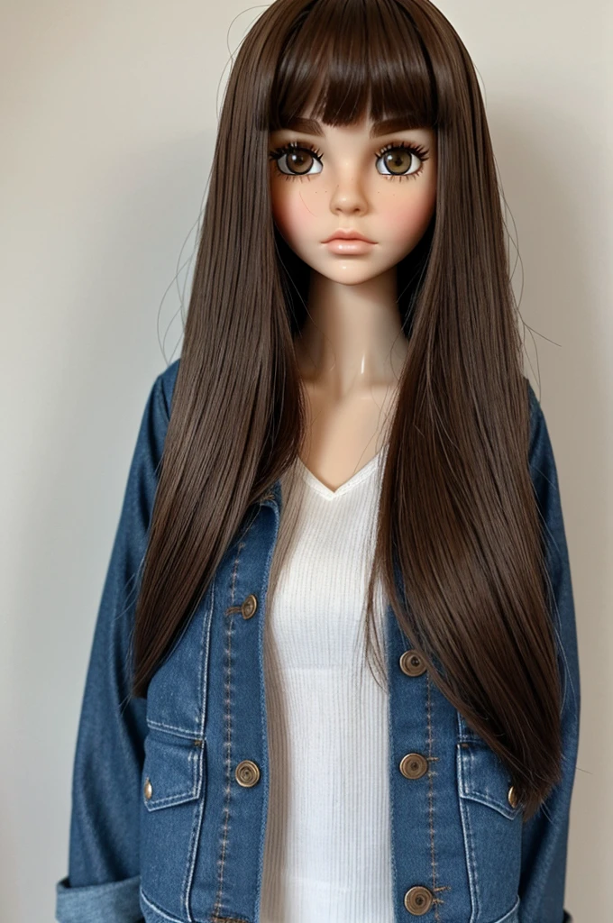 Blythe doll with brown hair, black eyes, eyebrows neither thin nor thick, long hair, NO FRINGES, loose and straight hair, long eyelashes, normal size lips, wears a denim jacket and a white top. ((Best Quality))