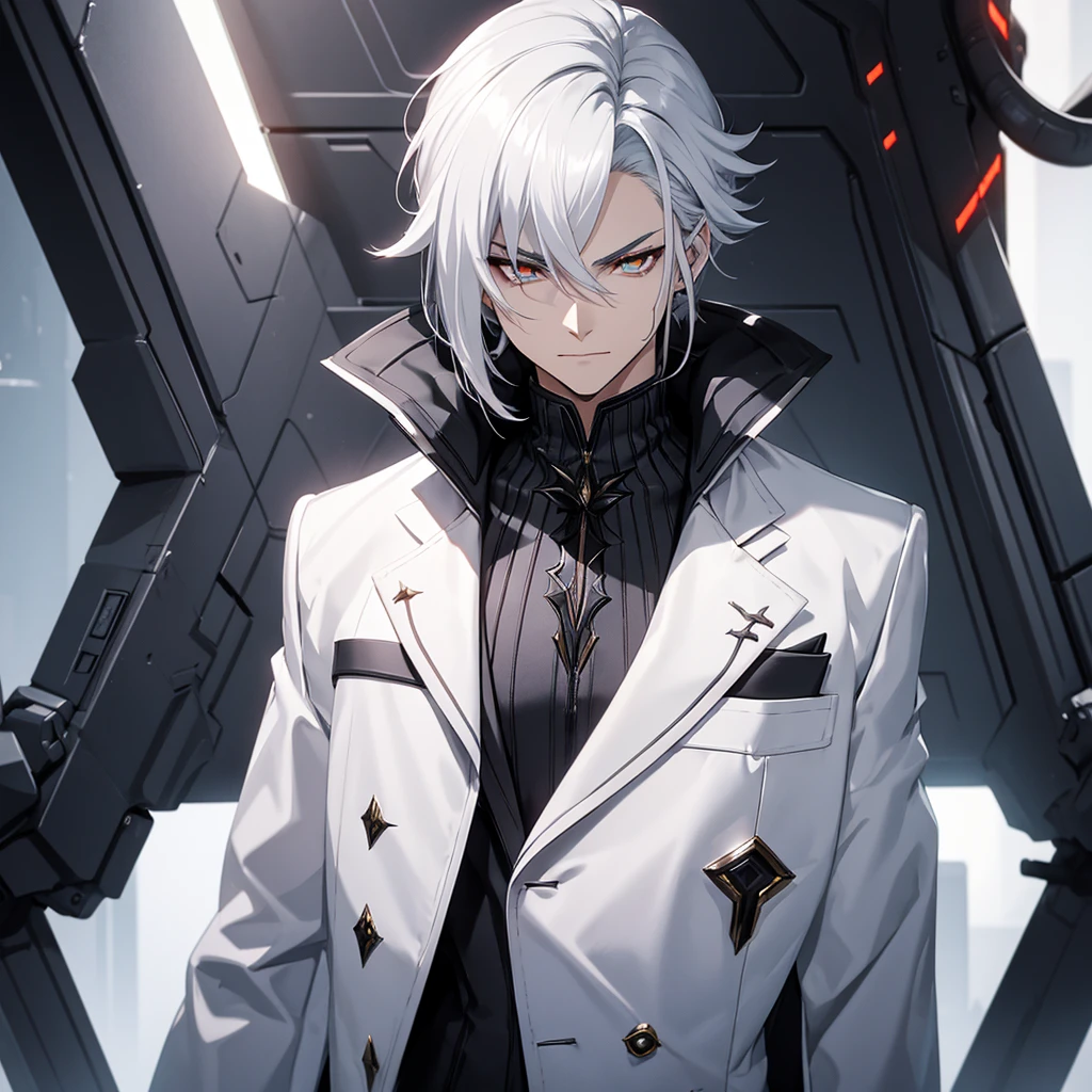 male character. black clothes. White hair. golden eyes. is in a futuristic setting.