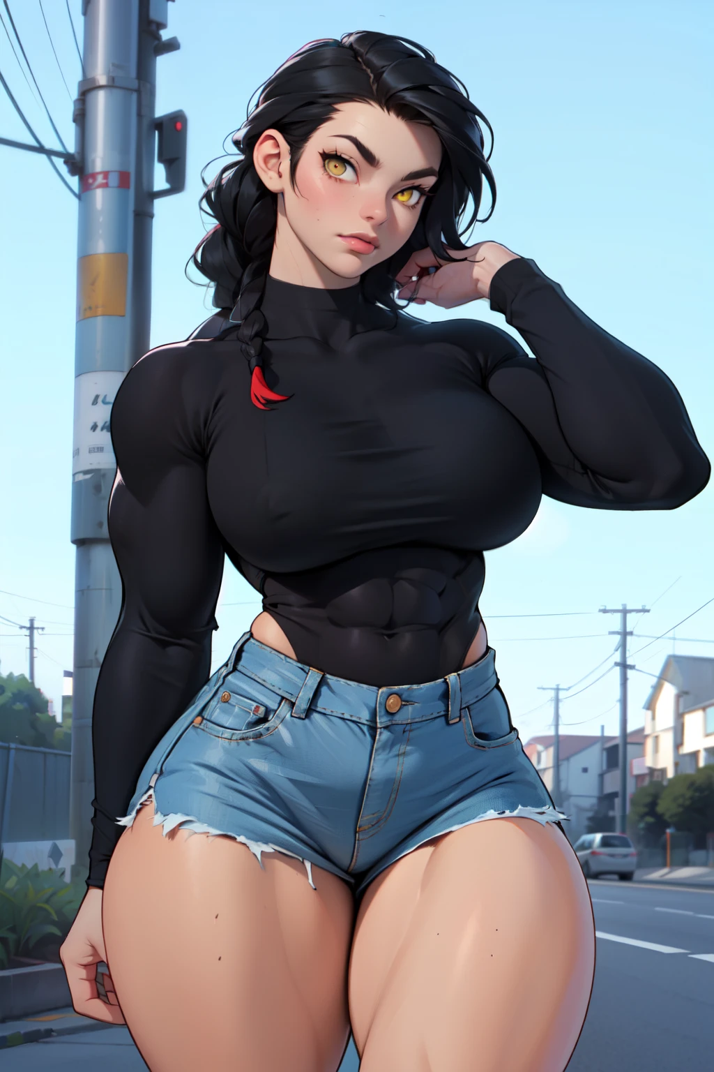 girl ((((muscular 1girl)))) ((((thick thighs toned body)))) (pale skin) black hair yellow eyes very long hair long sleeve tight t-shirt tight pants (french braid) massive breasts