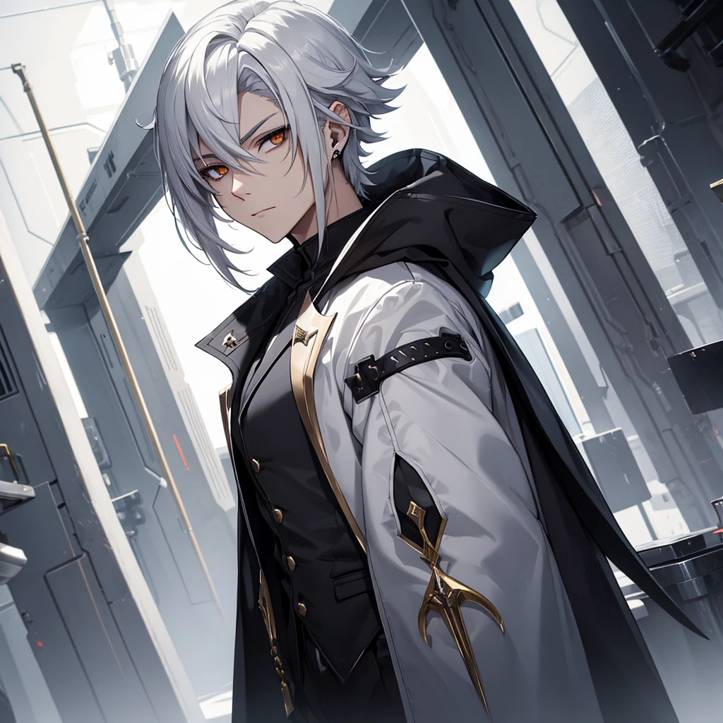 male character. black clothes. White hair. golden eyes. is in a futuristic setting.