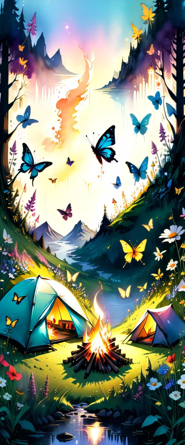 Artwork by Carne Griffiths, Camping tents at the perfect campsite, bonfire, at night, Digital watercolor illustration, Beautiful flower meadow fantasy, Butterfly in the morning light on wildflowers in mountain river, Stylized watercolor art, complex, Complex contrast, Human Development Report, sharp, Soft volumetric lighting, Gorgeous pastel colors, Wide-angle long shot, Perfect masterpiece