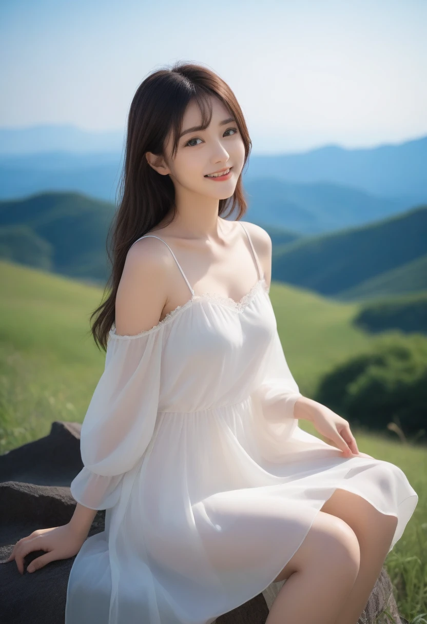 8K, Ultra-high resolution, Highest quality, masterpiece, 三分割法によるphotograph,Surreal, photograph, 1 Girl, (16 years old:1.3), pretty girl, Cute face, Beautiful eyes in every detail, 細かくdetailedに,masterpiece,, One Girl:1.2, Japan Female Announcer,whole body, The power of nature, ((ローアングルwhole bodyショット:1.3)), Soft white skin, Sharp eyebrows, Thin lashes, Natural Makeup, Cheek Highlighter, Pale pink lips, (High Quality Black Dress:1.3), ((Beautiful thighs in high resolution, Beautiful feet), ((Distant Horizon:1.5)), ((Rural scenery stretching to the horizon:1.3)), ((Overlooking the countryside from the plateau:1.3)), 美しくdetailedな空, Professional Photographer, Professional Lighting, Professional models,Full of sex appeal,Sensual,A carefree smile,soothe my soul,Looking at the audience、Black Hair,Super long straight hair,beauty,Long neck、Laugh a little、Please close your mouth and laugh、(((Ideal body type))),A cup small breasts :2,、Portraiture:2、Perfect Anatomy、鮮明なdetailed、detailed、Surreal、Light and shadow,Strong light
