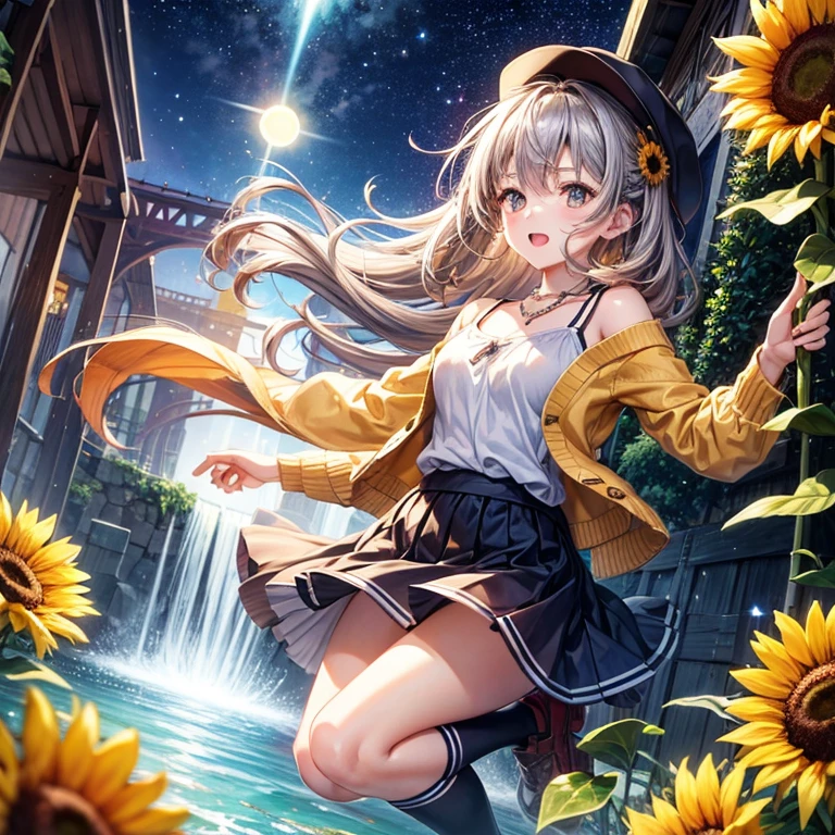 Red, brown, gold, gold hair、Golden Eyes、Hair tied up、One good looking girl、solo、anime、Checkered mini skirt、Ruffles on the skirt、camisole、Lightweight cardigan、school uniform、Black knee-high socks、Wearing a baseball cap、Ribbon、Ribbon on waist、Teeth are visible、Silver coin necklace、From above、Sunflower Tunnel、Cobblestones、waterfall、Have sunflowers、Starry Sky、Midnight Moon、suspension bridge、Soap bubbles are flying、mosquito、beam、ripple