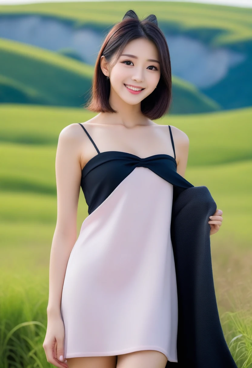 8K, Ultra-high resolution, Highest quality, masterpiece, 三分割法によるphotograph,Surreal, photograph, 1 Girl, (16 years old:1.3), pretty girl, Cute face, Beautiful eyes in every detail, 細かくdetailedに,masterpiece,, One Girl:1.2, Japan Female Announcer,whole body, The power of nature, ((ローアングルwhole bodyショット:1.3)), Soft white skin, Sharp eyebrows, Thin lashes, Natural Makeup, Cheek Highlighter, Pale pink lips, (High Quality Black Dress:1.3), ((Beautiful thighs in high resolution, Beautiful feet), ((Distant Horizon:1.5)), ((Rural scenery stretching to the horizon:1.3)), ((Overlooking the countryside from the plateau:1.3)), 美しくdetailedな空, Professional Photographer, Professional Lighting, Professional models,Full of sex appeal,Sensual,A carefree smile,soothe my soul,Looking at the audience、Black Hair,Super long straight hair,beauty,Long neck、Laugh a little、Please close your mouth and laugh、(((Ideal body type))),A cup small breasts :2,、Portraiture:2、Perfect Anatomy、鮮明なdetailed、detailed、Surreal、Light and shadow,Strong light