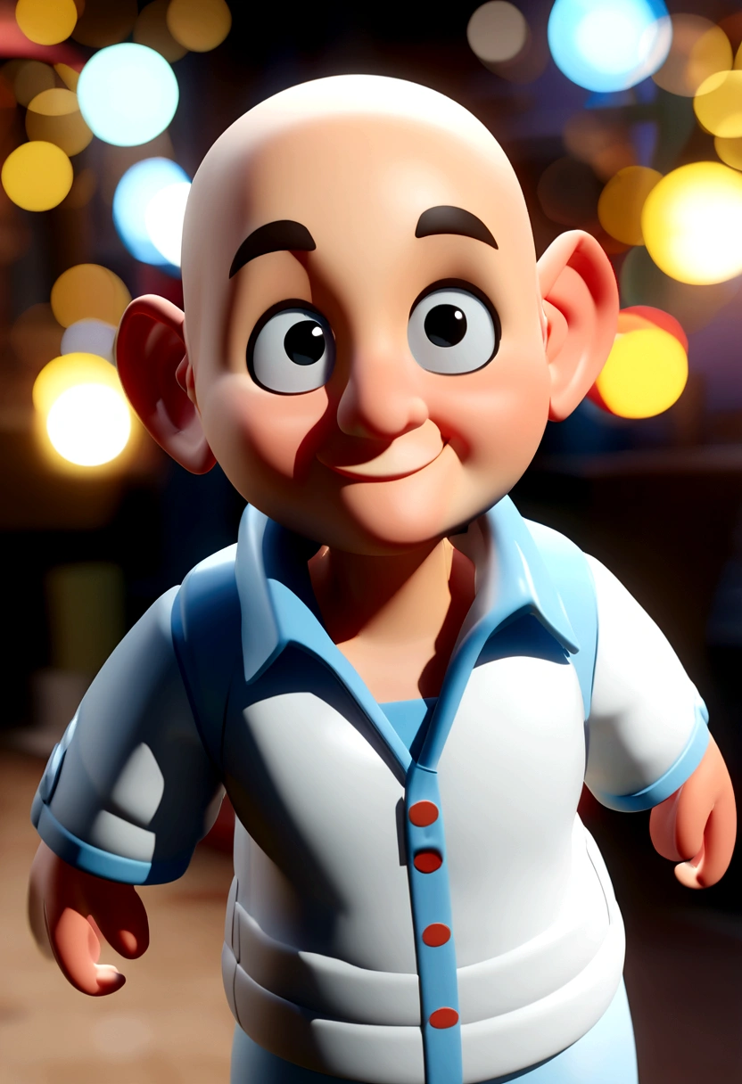 Cartoon character of a bald man smiling, thinner than in the photo, animation character, stylized character, animation style rendering, 3d stylized, Arnold Maya rendering, Stylized 3D rendering, toon render screenshot, 3d character, 3d character, Stylized 3D rendering, 3D character rendering, cartoon character, Personagem de close up, character posing, (Pixar-style) (master part:1.2) (bokeh) (best qualityer) (skin detailed) (detailed texture) (8K) (Argilla) (cinematic lighting) (sharp focus