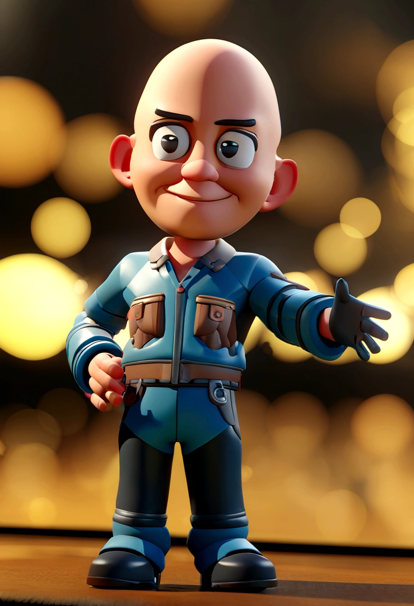Cartoon character of a bald man smiling, thinner than in the photo, animation character, stylized character, animation style rendering, 3d stylized, Arnold Maya rendering, Stylized 3D rendering, toon render screenshot, 3d character, 3d character, Stylized 3D rendering, 3D character rendering, cartoon character, Personagem de close up, character posing, (Pixar-style) (master part:1.2) (bokeh) (best qualityer) (skin detailed) (detailed texture) (8K) (Argilla) (cinematic lighting) (sharp focus