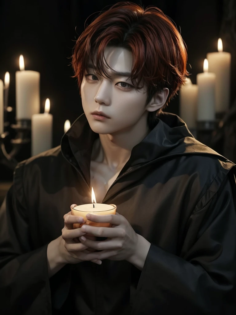 Jungkook bts actor and kpop idol more realism in hair and clothing hair orange, Generate an image of a Korean Kpop idol with bright orange hair, dressed in a black shirt and a tunic of the same color, surrounded by dark witches and warlocks in a coven. The background must be dark and gloomy, lleno de velas y witchcraft symbols.Create a visual representation of a Korean Kpop actor, with a spinal crown on his head, dressed in a black tunic and black shirt in a coven setting. Around it, dark witches casting curses, with a shadowy forest full of candles as a backdrop.Produces an image where a Korean Kpop idol, recognizable by his bright orange hair, is immersed in an environment of witchcraft and curse. He is dressed in a black tunic and a dark shirt, surrounded by wizards and witches in a dark forest full of magical symbols.Korean kpop idol actor who is dressed in a black shirt, black tunic, with a crown of thorns on his head, he is in a witches coven, all dark witches, curse and witchcraft, the background that is dark dark, a black background in a forest full of candles and spells, witchcraft symbols, bright orange hair amidst candles at a coven. homme coréen musclé maléfique manly muscle man, Young muscular evil Asian, 30 years old, manly, serious, serious face, rough features.  Let your muscles be shown, half your body exposed with snake tattoos.asian with strong muscles showing, rough masculine face, masculine manly manly features. Australian Canadian with a rough muscular face who shows off his muscles   