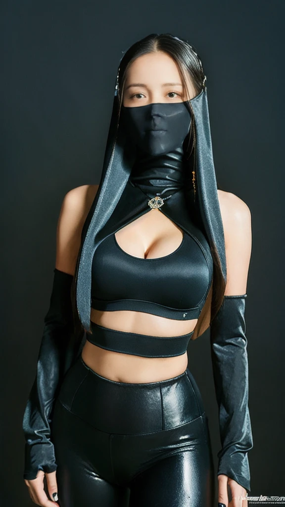 （lifelike， high - resolution：1.3），full body , 1 girl with a perfect body， Super fine face and eyes，slong hair， diamond midriff of black colors：1.2， black shiny leggings，face veil,   big boob，Expose cleavage, ninja pose, satin gloves.