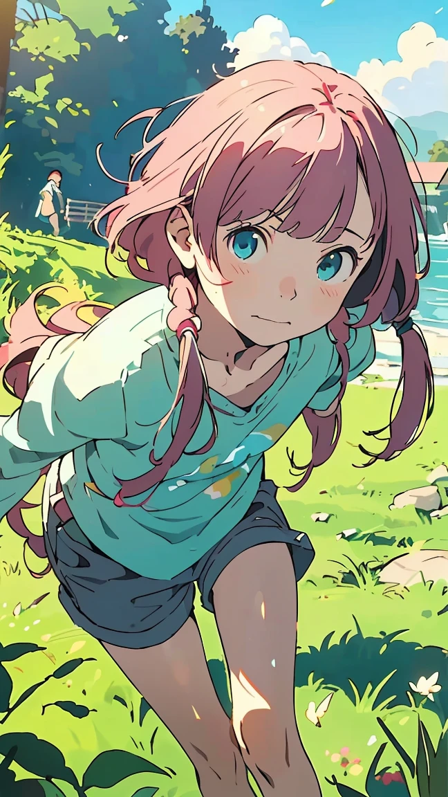 Affordable design, Clear lines, High Sharpness, (Highest quality,4K,Perfect sharpness,Ultra-fine,High resolution,masterpiece:1.2), Perfect Anatomy:1.5, Official Art, Illustrations that tell a story, (Whitish background:0. 9)、Body Positivity、Diverse physical expressions、(Random and strange poses))、Perfect beauty、Perfect beautiful face、(非常にStrong winds)、Rich expressiveness、Dynamic configuration、Golden ratio composition、colorful、((color々Different angles and perspectives))、Anime Drawings、((Overcoming stereotypes))、 Glowing Skin、(natureの美)、bangs、Straight Long Hair、(Soft and flowing hair)、(countryside)、Outdoor、((Nostalgic atmosphere))、((Playful and easygoing))、(diverse characters)、((Graceful posture))、(Sunny atmosphere)、(vivid color)、Shorts、A light smile、 ((Emotional))、bangs、natureな反応、Summer clothing、(ponytail)、nature、Show off your thighs、Strong winds、Cheerful pose、((running))、Side angle、(pink hair, twin tails twin drill, show your forehead, blue eyes,