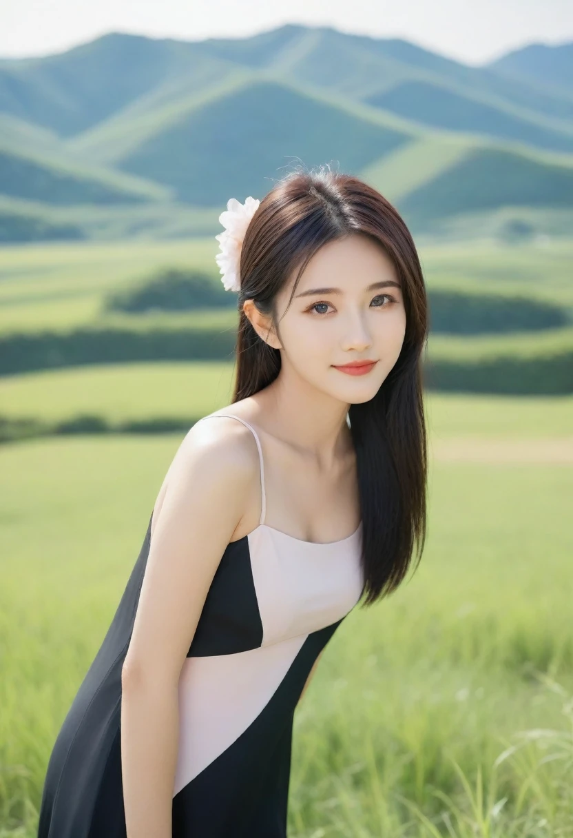 8K, Ultra-high resolution, Highest quality, masterpiece, 三分割法によるphotograph,Surreal, photograph, 1 Girl, (16 years old:1.3), pretty girl, Cute face, Beautiful eyes in every detail, 細かくdetailedに,masterpiece,, One Girl:1.2, Japan Female Announcer,whole body, The power of nature, ((ローアングルwhole bodyショット:1.3)), Soft white skin, Sharp eyebrows, Thin lashes, Natural Makeup, Cheek Highlighter, Pale pink lips, (High Quality Black Dress:1.3), ((Beautiful thighs in high resolution, Beautiful feet), ((Distant Horizon:1.5)), ((Rural scenery stretching to the horizon:1.3)), ((Overlooking the countryside from the plateau:1.3)), 美しくdetailedな空, Professional Photographer, Professional Lighting, Professional models,Full of sex appeal,Sensual,A carefree smile,soothe my soul,Looking at the audience、Black Hair,Super long straight hair,beauty,Long neck、Laugh a little、Please close your mouth and laugh、(((Ideal body type))),A cup small breasts :2,、Portraiture:2、Perfect Anatomy、鮮明なdetailed、detailed、Surreal、Light and shadow,Strong light