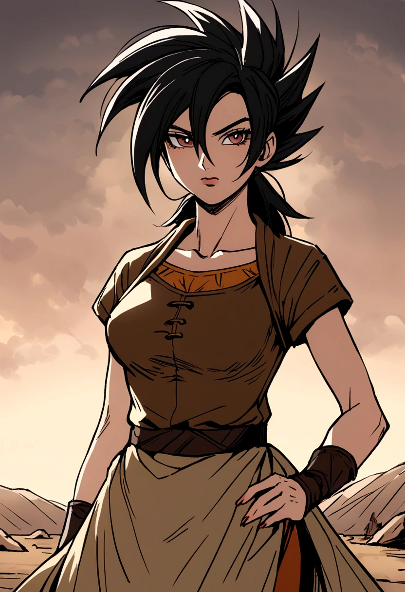Make me a female Saiyan, long dark hair, make her wear stone age clothes