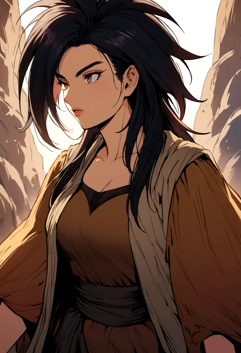 Make me a female Saiyan, long dark hair, make her wear stone age clothes