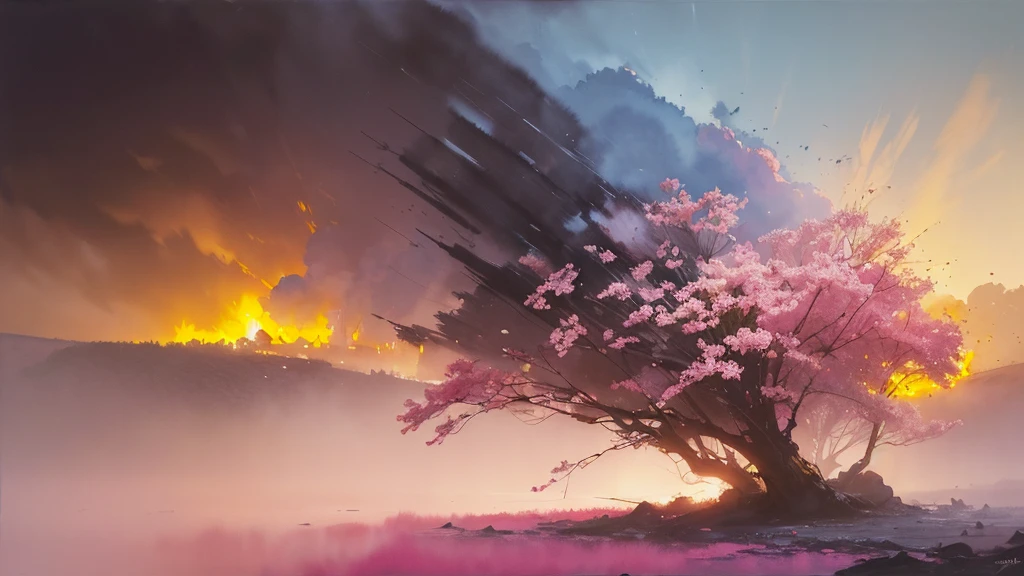 32k, Masterpiece, Highest quality, One girl, Brown Hair, Detailed eyes, flower,sweet pea, Pink and yellow style,A dreamy, romantic piece,Pale pink, Mysterious Leaves,A playful arrangement,Fantasy,High Contrast,Ink strokes,explosion,Exposure, Impression of pink and yellow tones,Abstract,((Watercolours by John Berkey and Jeremy Mann )) Brush strokes,Negative Space, Tyndall effect, White background