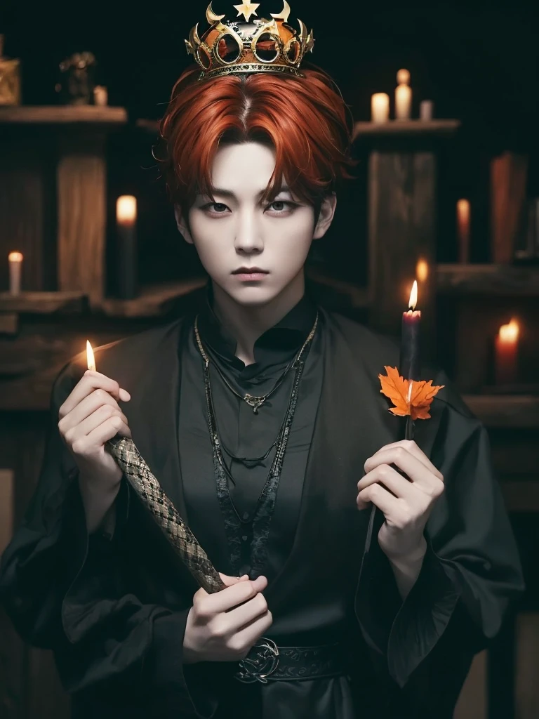 Jungkook bts actor and kpop idol more realism in hair and clothing hair orange, Generate an image of a Korean Kpop idol with bright orange hair, dressed in a black shirt and a tunic of the same color, surrounded by dark witches and warlocks in a coven. The background must be dark and gloomy, lleno de velas y witchcraft symbols.Create a visual representation of a Korean Kpop actor, with a spinal crown on his head, dressed in a black tunic and black shirt in a coven setting. Around it, dark witches casting curses, with a shadowy forest full of candles as a backdrop.Produces an image where a Korean Kpop idol, recognizable by his bright orange hair, is immersed in an environment of witchcraft and curse. He is dressed in a black tunic and a dark shirt, surrounded by wizards and witches in a dark forest full of magical symbols.Korean kpop idol actor who is dressed in a black shirt, black tunic, with a crown of thorns on his head, he is in a witches coven, all dark witches, curse and witchcraft, the background that is dark dark, a black background in a forest full of candles and spells, witchcraft symbols, bright orange hair amidst candles at a coven. homme coréen musclé maléfique manly muscle man, Young muscular evil Asian, 30 years old, manly, serious, serious face, rough features.  Let your muscles be shown, half your body exposed with snake tattoos.asian with strong muscles showing, rough masculine face, masculine manly manly features. Australian Canadian with a rough muscular face who shows off his muscles   