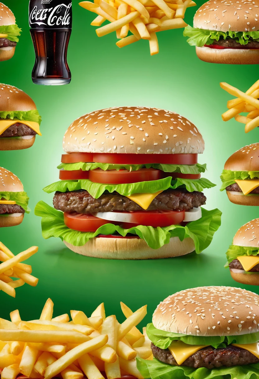 best quality, super fine, 16k, RAW photo, photorealistic, 2.5D, delicate and dynamic depiction, big cheese lettuce tomato hamburger, coca cola, french fries, ultra realistic food samples, delicious looking lighting effects