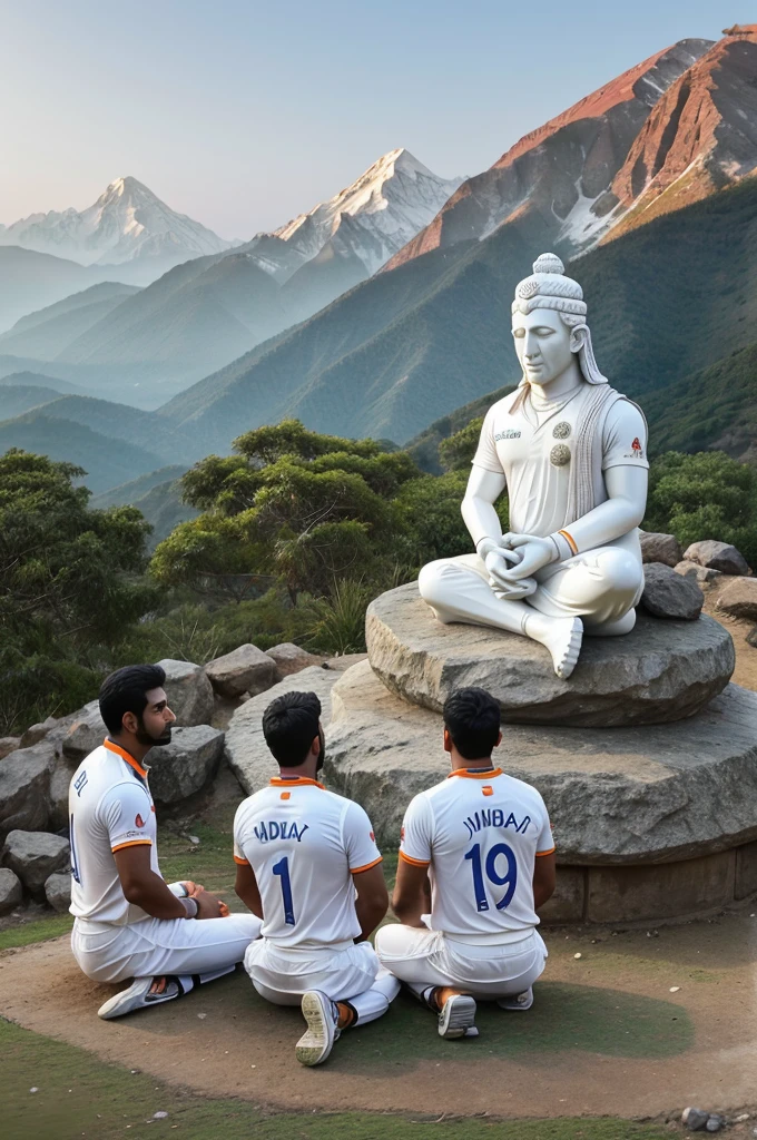 Create 3d image of an Indian cricket team sitting on mountain in prayer before the hanuman Statue, receiving blessings directly from the statue and The overall image should exude aesthetic charm, with a scenic background, and the cricket team should be adorned in a team jersey, T-shirt proudly displaying the name "india" in bold white letters.