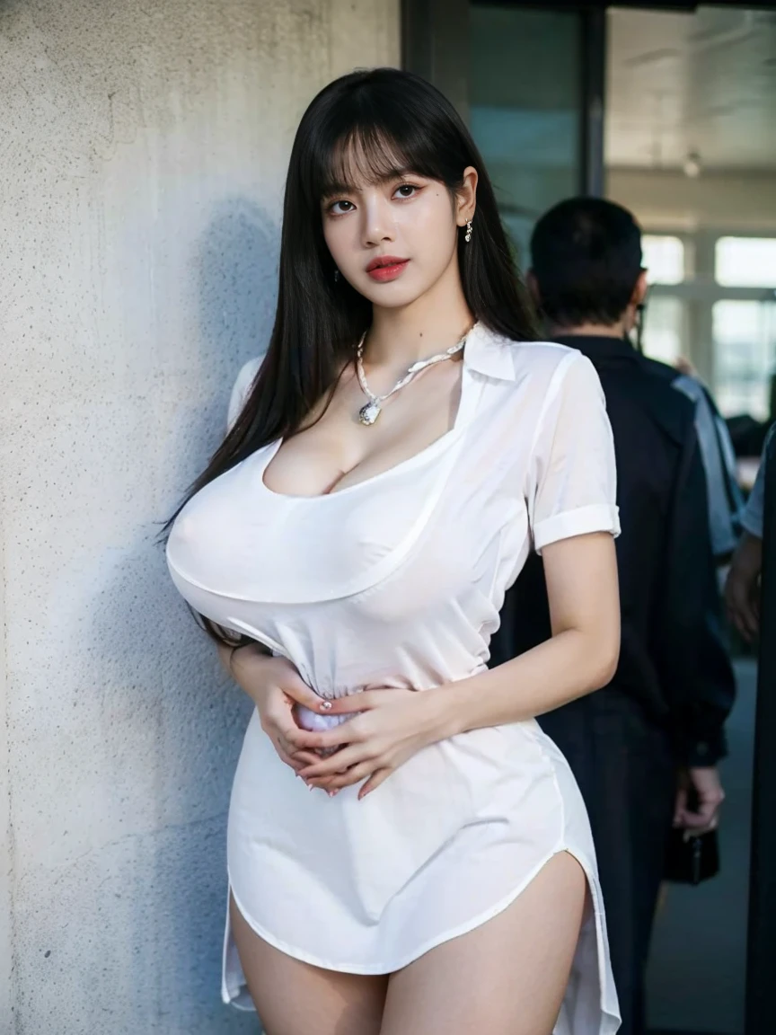 Lisa has long hair, lisa blackpink, Lalisa manoban, Lisa face shape, standing pose，big breasts sexy，masterpiece,Need,realistic，high-definition，Natural sunlight，，16K,Top CG, Highest image quality, masterpiece, Gentle and beautiful girl, (185cm美女), (fit), Imperial sister, Queen temperament, White skin, ((Long legs)), perfect facial features, Bright Eyes, Seductive pose, pink lips, Beautiful and cold (A major breakthrough)), Beautiful and heroic, Soft and long hair, Glittering, Lace, net, Visible through clear skin, diamond earrings, ruby neckLace, (Black evening gown), 8K Image Quality, (Realistic Portraits), Characters fill the screen, (Facial lighting), ((eternal)),huge breast huge pelvis thick thighs, realistic facial features realistic facial harmony realistic lips realistic eyes realistic looks,full body portrait, (milf:1.5),((High moaning expression)),(front view),(((huge breast huge pelvis thick thighs))),((huge gigantic breast huge pelvis thick thighs)),(huge breast:2.5),(huge pelvis:2.2),(thick thighs:2.1),((perfect body)),(front view),((realistic clear details fingers)),(wearing white tight shirt and Blue jeans pant  ),(((huge gigantic breast huge pelvis thick thighs))),((shirt dress:1.5)),(((wearing white tight shirt and back blue jeans pant))),(((deep cleavage)))