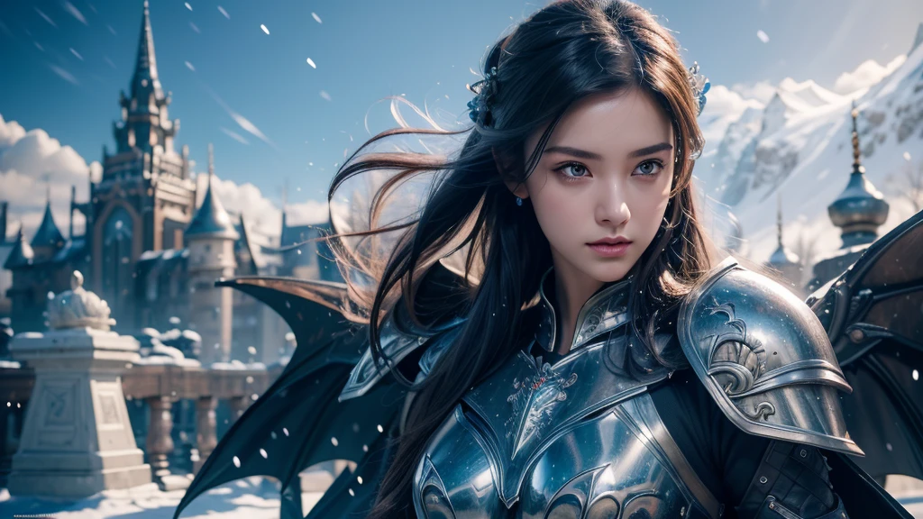 Close-up of woman holding sword and armor, Armor Girl, 2. 5D CGI anime fantasy artwork, Large Breasts，Epic fantasy digital art style, detailed Digital 2D fantasy art, Digital 2D fantasy art, original photo, (best quality:1.3), high resolution, (masterpiece), (lifelike:1.4), Professional photography, Clear focus, High Dynamic Range, 8k resolution, Intricate details, Fine details, Depth of Field, Extremely detailed CG unified 8k wallpaper, masterpiece，poster，best quality，Official Art，（Beauty and aesthetics：1.2），（masterpiece：1.3），Miss，personal，Light Leather Armor，complex pattern，winter，Snow Mountain，castle，Medium distance photography，（early morning），dramatic，Giant bat wings，