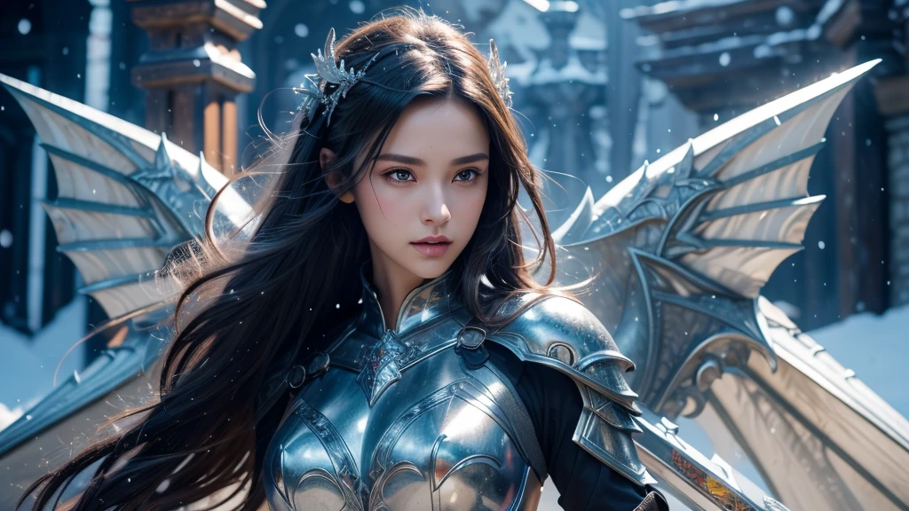 Close-up of woman holding sword and armor, Armor Girl, 2. 5D CGI anime fantasy artwork, Large Breasts,Epic fantasy digital art style, detailed Digital 2D fantasy art, Digital 2D fantasy art, original photo, (best quality:1.3), high resolution, (masterpiece), (lifelike:1.4), Professional photography, Clear focus, High Dynamic Range, 8k resolution, Intricate details, Fine details, Depth of Field, Extremely detailed CG unified 8k wallpaper, masterpiece,poster,best quality,Official Art,(Beauty and aesthetics:1.2),(masterpiece:1.3),Miss,personal,Light Leather Armor,complex pattern,winter,Snow Mountain,castle,Medium distance photography,(early morning),dramatic,Giant bat wings,