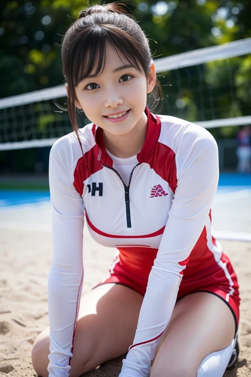 (A beautiful Korean volleyball player, 3, wearing White Tight Lightweight Synthetic Jersey, Red Spandex Shorts, Ankle Braces and Knee Pads, Competing in the Olympics, graceful expression, kind smile, dimpled chin, cute snaggle-tooth, ponytail, symmetrical face, beautiful detailed face, beautiful detailed eyes, perfect body proportions, ample round bosomtorealistic, hyper-realism, high contrast, ultra HD, realistic skin textures, top image quality, top-quality, super high resolution, fine details, very meticulously, masterpiece, head to knees, High Angle Shot, bokeh background, Art inspired by 'Chan Zuckerberg Initiative')