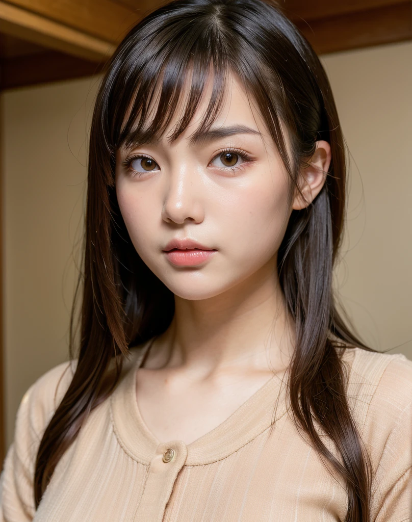 best quality, face focus, soft light, ultra high res, (photorealistic:1.4), RAW photo,
1japanese girl, solo, cute, (pupil, lights in the eyes),  detailed beautiful face, (small chest),(high resolution detail of human skin texture),
(long hair),
indoor,
Damask Shirt Dress,
(portrait)