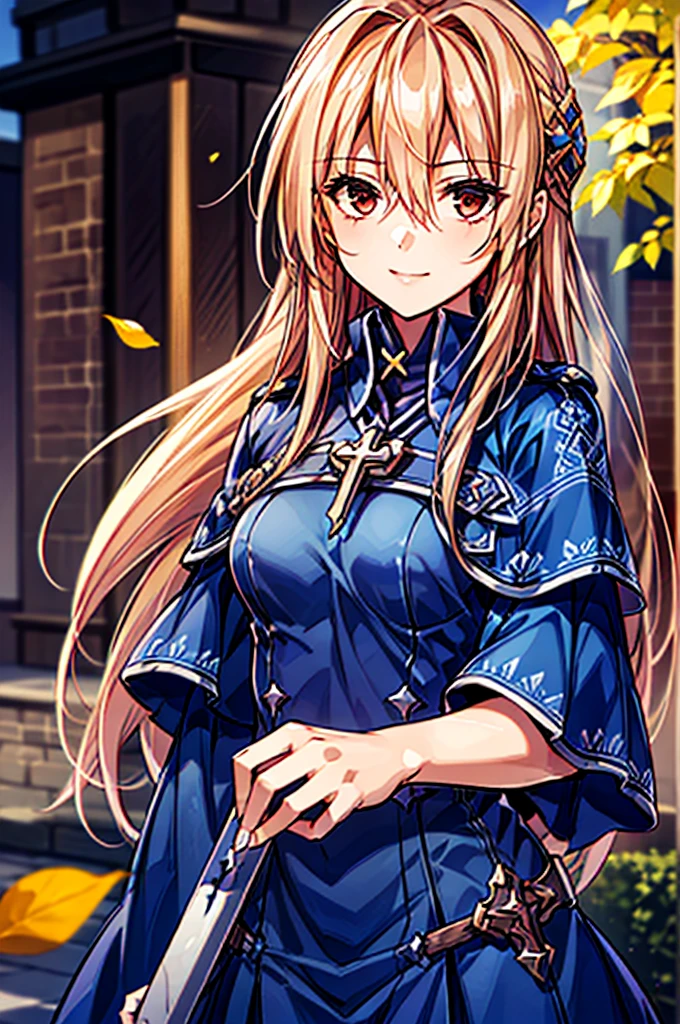 (((A red dress with a cross at the neck))),((masterpiece))、(((Highest quality)))、((Super detailed))、((An illustration))、Attention to detail、Highly detailed CG Unity 8k、High resolution,One girl, Night Court,Long Hair, alone, Hair between the eyes, smile, Red eyes, Kind eyes,Floating Hair, Blurred background, Blonde, View your viewers, Blurred, Upper Body, very Long Hair, bangs, Shiny hair, leaf, Shiny, Capelet, Blue Cape,(((A red dress with a cross at the neck))),Yuina Shirakawa,