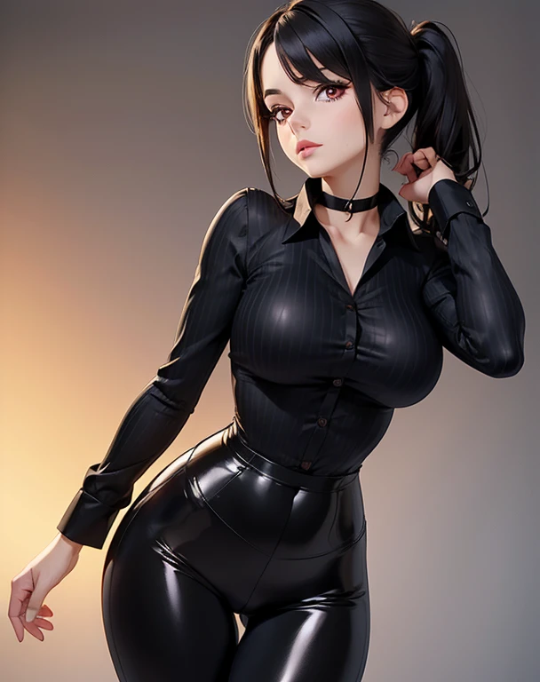 A beautiful adult girl standing, arms down,
beautiful face,
wearing a long sleeve white button up shirt, shiny black leggings, choker:1.6,
she has red eyes, black fur, medium length dark straight hair, ((with a stripe in the middle)), ((Hairstyle without bangs)), whole body, perfect thighs, anatomically perfect legs,

very slim figure, (big breasts), firm breasts, hourglass figure,  
realistic skin, 
 
The background is clean and smooth..

