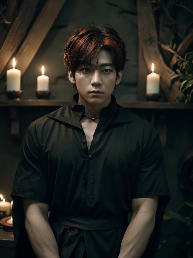 Jungkook bts actor and kpop idol more realism in hair and clothing hair orange, Generate an image of a Korean Kpop idol with bright orange hair, dressed in a black shirt and a tunic of the same color, surrounded by dark witches and warlocks in a coven. The background must be dark and gloomy, lleno de velas y witchcraft symbols.Create a visual representation of a Korean Kpop actor, with a spinal crown on his head, dressed in a black tunic and black shirt in a coven setting. Around it, dark witches casting curses, with a shadowy forest full of candles as a backdrop.Produces an image where a Korean Kpop idol, recognizable by his bright orange hair, is immersed in an environment of witchcraft and curse. He is dressed in a black tunic and a dark shirt, surrounded by wizards and witches in a dark forest full of magical symbols.Korean kpop idol actor who is dressed in a black shirt, black tunic, with a crown of thorns on his head, he is in a witches coven, all dark witches, curse and witchcraft, the background that is dark dark, a black background in a forest full of candles and spells, witchcraft symbols, bright orange hair amidst candles at a coven. homme coréen musclé maléfique manly muscle man, Young muscular evil Asian, 30 years old, manly, serious, serious face, rough features.  Let your muscles be shown, half your body exposed with snake tattoos.asian with strong muscles showing, rough masculine face, masculine manly manly features. Australian Canadian with a rough muscular face who shows off his muscles   