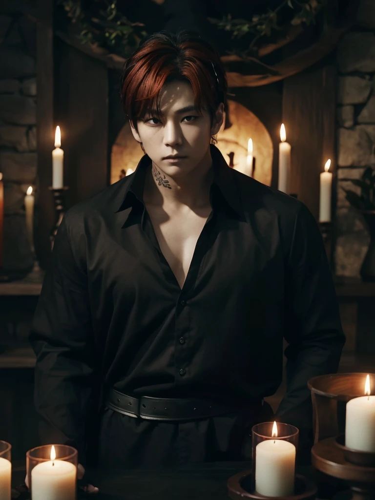 Jungkook bts actor and kpop idol more realism in hair and clothing hair orange, Generate an image of a Korean Kpop idol with bright orange hair, dressed in a black shirt and a tunic of the same color, surrounded by dark witches and warlocks in a coven. The background must be dark and gloomy, lleno de velas y witchcraft symbols.Create a visual representation of a Korean Kpop actor, with a spinal crown on his head, dressed in a black tunic and black shirt in a coven setting. Around it, dark witches casting curses, with a shadowy forest full of candles as a backdrop.Produces an image where a Korean Kpop idol, recognizable by his bright orange hair, is immersed in an environment of witchcraft and curse. He is dressed in a black tunic and a dark shirt, surrounded by wizards and witches in a dark forest full of magical symbols.Korean kpop idol actor who is dressed in a black shirt, black tunic, with a crown of thorns on his head, he is in a witches coven, all dark witches, curse and witchcraft, the background that is dark dark, a black background in a forest full of candles and spells, witchcraft symbols, bright orange hair amidst candles at a coven. homme coréen musclé maléfique manly muscle man, Young muscular evil Asian, 30 years old, manly, serious, serious face, rough features.  Let your muscles be shown, half your body exposed with snake tattoos.asian with strong muscles showing, rough masculine face, masculine manly manly features. Australian Canadian with a rough muscular face who shows off his muscles   