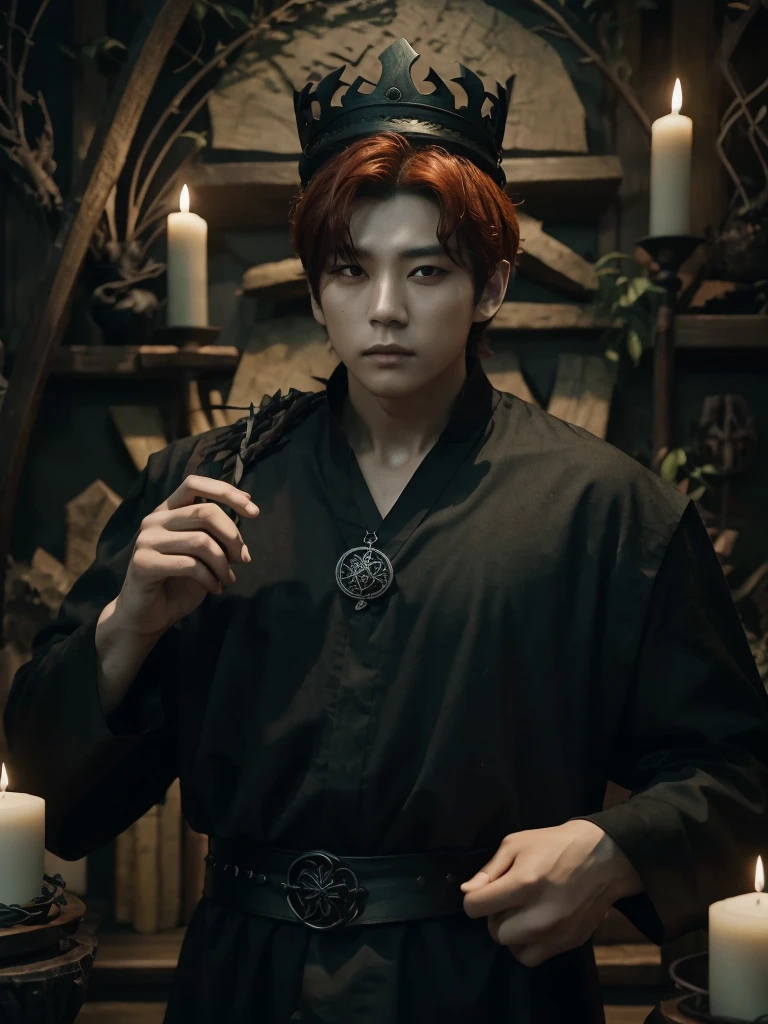 Jungkook bts actor and kpop idol more realism in hair and clothing hair orange, Generate an image of a Korean Kpop idol with bright orange hair, dressed in a black shirt and a tunic of the same color, surrounded by dark witches and warlocks in a coven. The background must be dark and gloomy, lleno de velas y witchcraft symbols.Create a visual representation of a Korean Kpop actor, with a spinal crown on his head, dressed in a black tunic and black shirt in a coven setting. Around it, dark witches casting curses, with a shadowy forest full of candles as a backdrop.Produces an image where a Korean Kpop idol, recognizable by his bright orange hair, is immersed in an environment of witchcraft and curse. He is dressed in a black tunic and a dark shirt, surrounded by wizards and witches in a dark forest full of magical symbols.Korean kpop idol actor who is dressed in a black shirt, black tunic, with a crown of thorns on his head, he is in a witches coven, all dark witches, curse and witchcraft, the background that is dark dark, a black background in a forest full of candles and spells, witchcraft symbols, bright orange hair amidst candles at a coven. homme coréen musclé maléfique manly muscle man, Young muscular evil Asian, 30 years old, manly, serious, serious face, rough features.  Let your muscles be shown, half your body exposed with snake tattoos.asian with strong muscles showing, rough masculine face, masculine manly manly features. Australian Canadian with a rough muscular face who shows off his muscles   