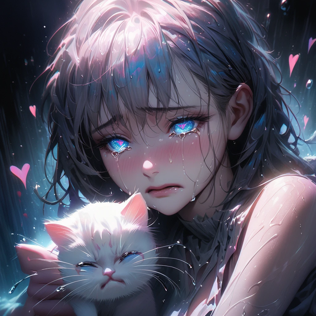 crying kitten,aesthetic,extremely detailed,teary eyes,soaked lashes,emotional expression,intense sadness,dripping tears,true-to-life textures,highly refined details,dramatic lighting,seamless blending of colors,vibrant hues,artistic composition,layered brushstrokes,emotive brushwork,realistic water droplets,breathtaking realism,masterful craftsmanship,haunting beauty,evocative atmosphere,highly emotional scene,silent sorrow,stark contrast,moody ambiance,endless depth,luminous glow,shimmering highlights,subtle shadows,intimate close-up,precise contours,striking emotion,fluid brush movements,touching portrayal,painstaking attention to detail,aesthetically pleasing,heart-wrenching,deeply moving artistry