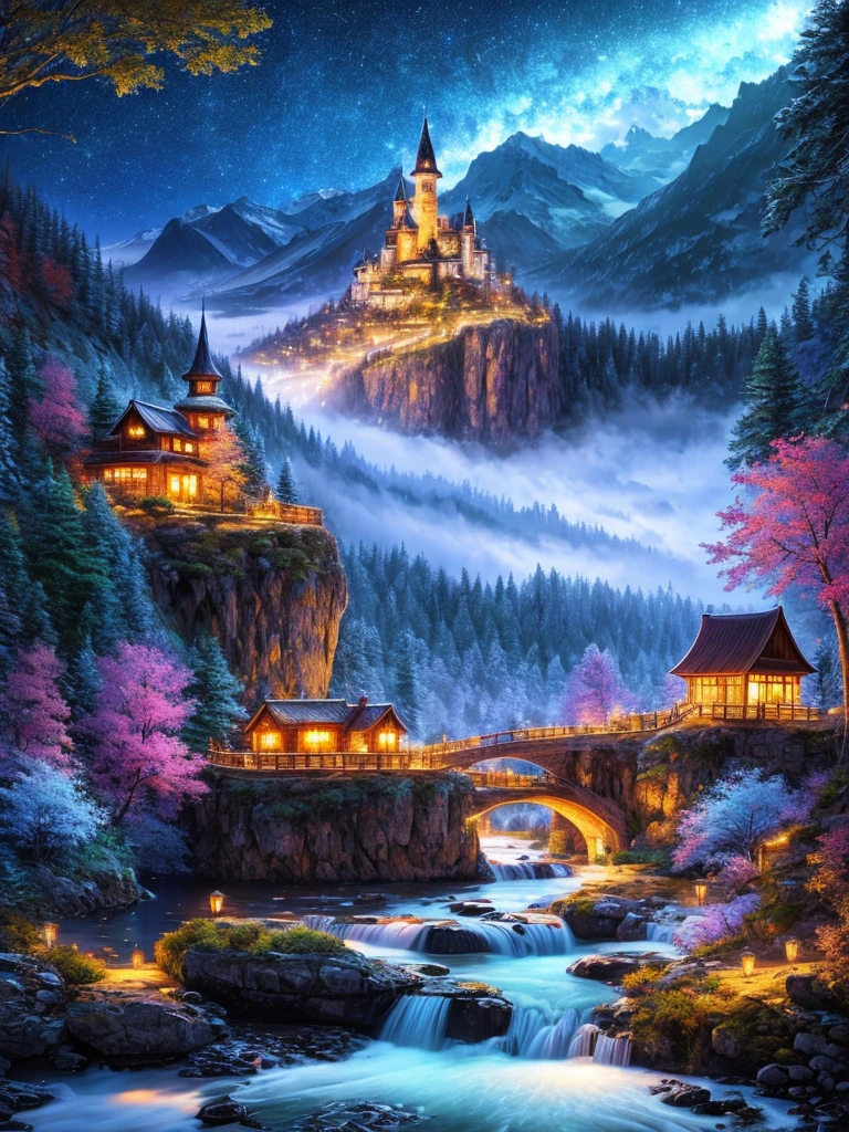 best quality, masterpiece, Beautiful wild and natural fantasy landscape with sparkling lights