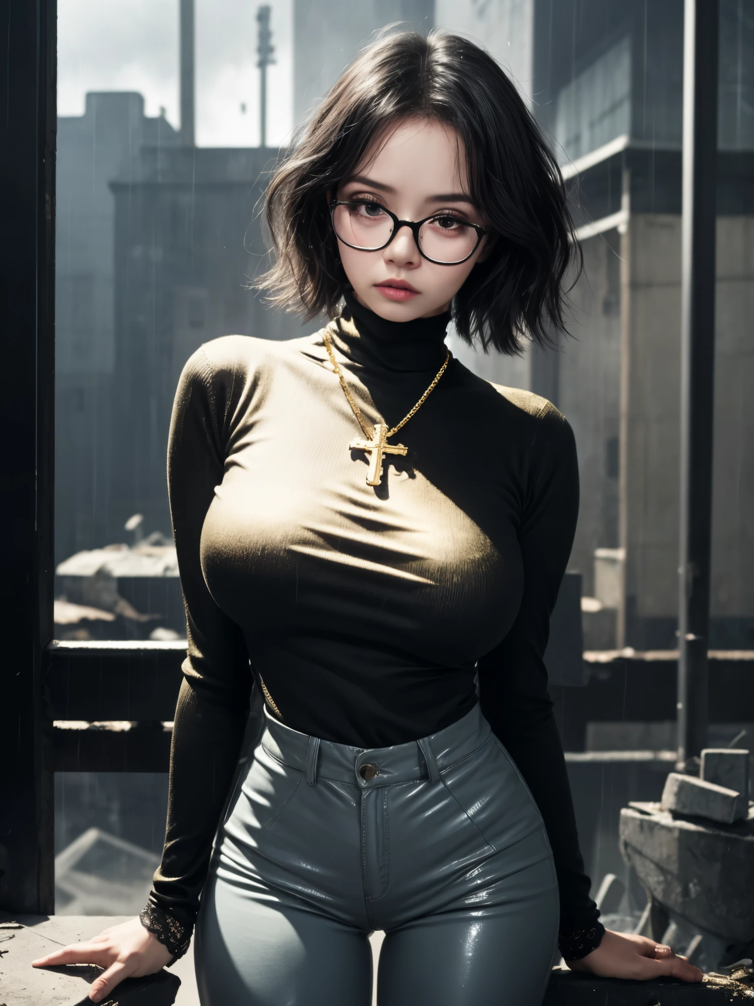 1girl, medium wide shot, full body, tight long sleeve black turtle neck sweater, black layered messy bob hair, upside down cross pendant necklace, glasses, full breasts, huge breasts, detailed face, raised eyebrow, gold lace trimmed sleeve, glossy leather pants, in a gloomy abandoned building, humid, raining,