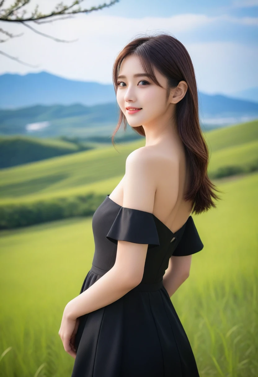 8K, Ultra-high resolution, Highest quality, masterpiece, 三分割法によるphotograph,Surreal, photograph, 1 Girl, (:1.3), pretty girl, Cute face, Beautiful eyes in every detail, 細かくdetailedに,masterpiece,, One Girl:1.2, Japan Female Announcer,whole body, The power of nature, ((ローアングルwhole bodyショット:1.3)), Soft white skin, Sharp eyebrows, Thin lashes, Natural Makeup, Cheek Highlighter, Pale pink lips, (High Quality Black Dress:1.3), ((Beautiful thighs in high resolution, Beautiful feet), ((Distant Horizon:1.5)), ((Rural scenery stretching to the horizon:1.3)), ((Overlooking the countryside from the plateau:1.3)), 美しくdetailedな空, Professional Photographer, Professional Lighting, Professional models,Full of sex appeal,Sensual,A carefree smile,soothe my soul,Looking at the audience、Black Hair,Super long straight hair,beauty,Long neck、Laugh a little、Please close your mouth and laugh、(((Ideal body type))),A cup small breasts :2,、Portraiture:2、Perfect Anatomy、鮮明なdetailed、detailed、Surreal、Light and shadow,Strong light