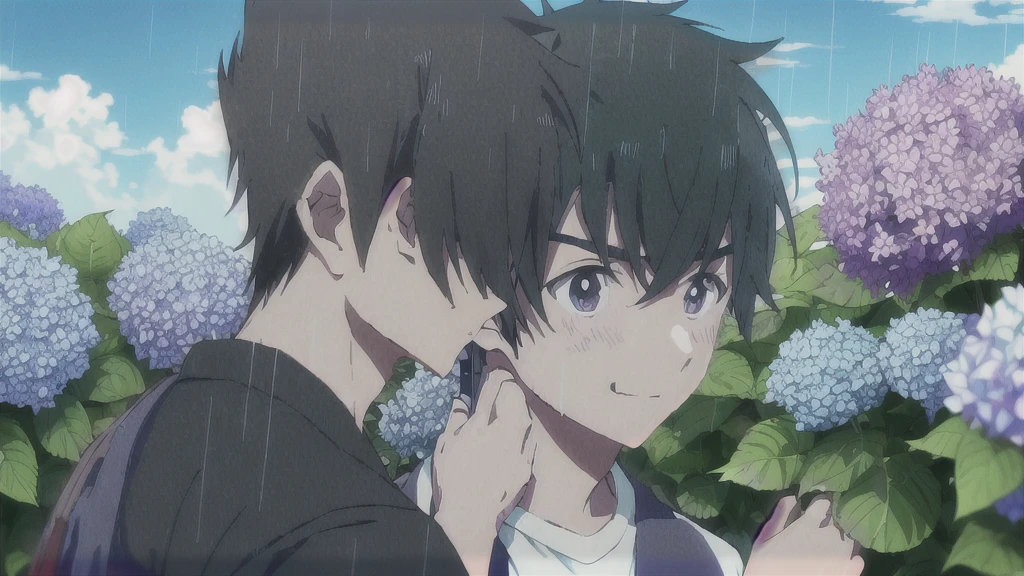 ((Highest quality)), ((masterpiece)), (detailed), Highest quality、High resolution、8K、juvenile、male、male子学生、17 years old、soaked、bicycleを全力で漕いでいる、bicycleに乗っている、Very cloudy sky、Shower、Japan、City、bicycle、White short sleeve shirt、Black trousers、bicycleに乗ったJapanの学生服を着たmale子学生の後ろ姿、Heavy downpour、Standing surrounded by hydrangeas、Japanのアニメのような画風、超High resolutionかわいい萌えアニメ8k