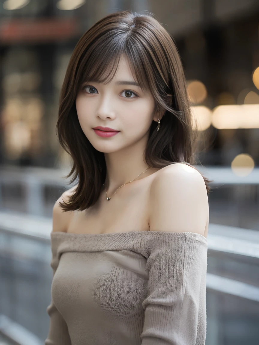 fullbody shot, medium brown hair woman, stand in city with blur background. wear an off-shoulder grey blouse dress, neckless, front view, left shoulder slightly dropped. soft, confident expression.