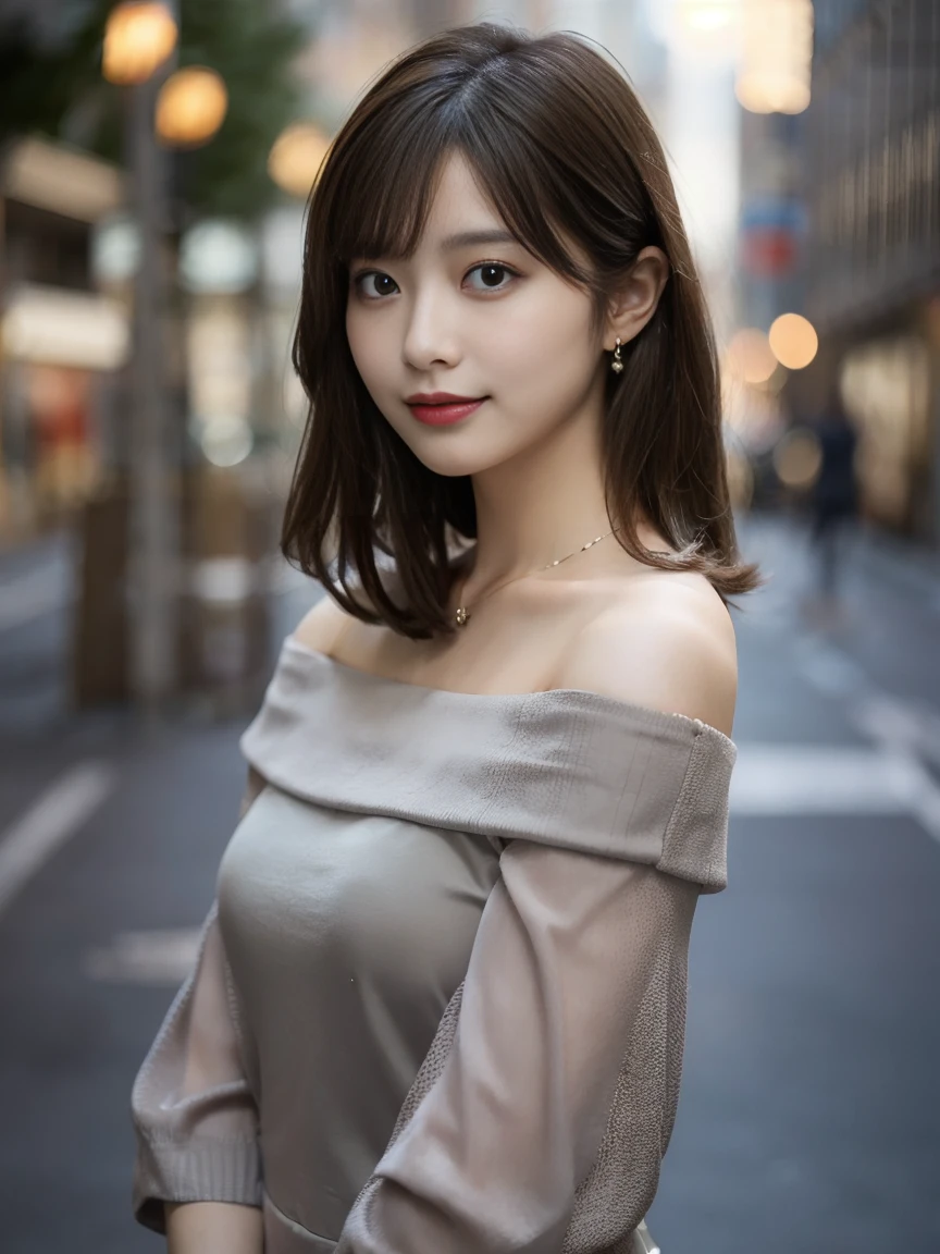 fullbody shot, medium brown hair woman, stand in city with blur background. wear an off-shoulder grey blouse dress, neckless, front view, left shoulder slightly dropped. soft, confident expression.
