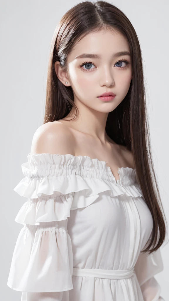 (((blouse、Off the shoulder、one piece、White background)))、forehead、Northern Europe、Russia、beautiful girl、Platinum Blonde Hair、Straight long hair、Hitting the face and front of the eyes、Big blue eyes、Sheer white and wet nightgown、Northern Europeの若者、Perfect body、White tendons、Glowing Skin、Young and beautiful skin、A perfect and beautiful little face、Bright makeup、Pale pink lips、Bright expression、-yeld gilipstick、Deceptive advertising、Viewer's vision、Golden Hour Lighting、Bokeh Atmosphere Perspective、detailed、Movie Light、複雑なdetailed、High resolution、 フェイスデザインのdetailedな特徴、Attention to detail、Clear focus、Smoothness、aesthetics、Printed、Octane、{{masterpiece}}